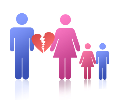 clipart of male image separated by broken heart from female image with a girl and boy image next to her
