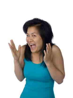 woman with hands up and mouth open