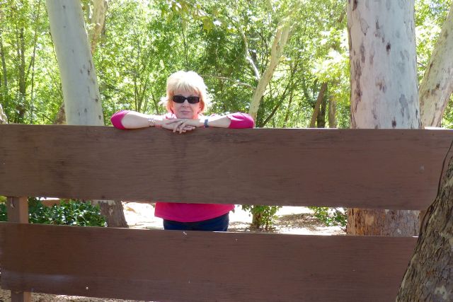 Gail standing behind a board fence