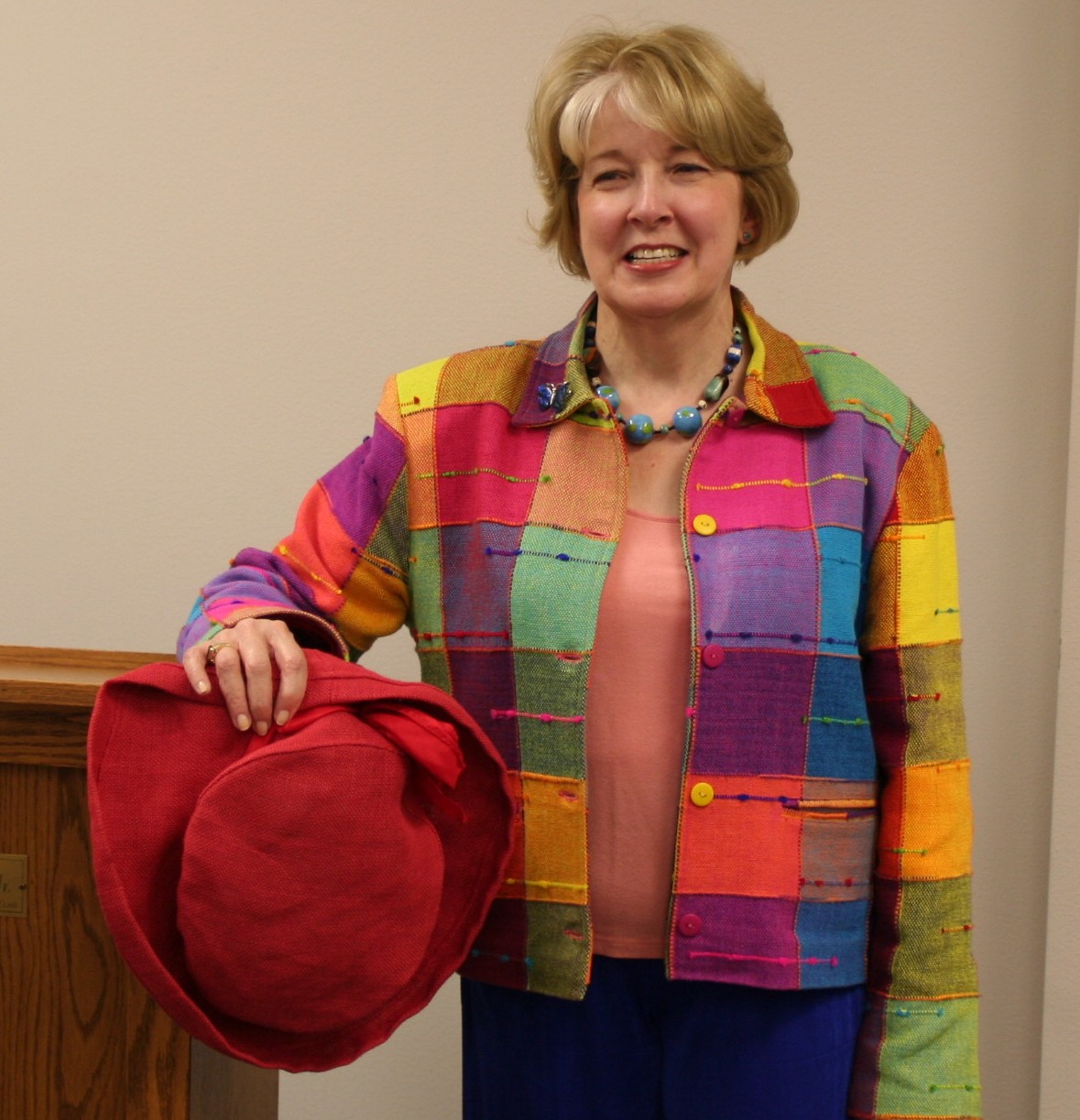 Gail in jacket of many colors