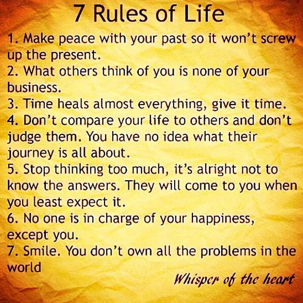 7 rules of life printed on yellow and orange trimmed background