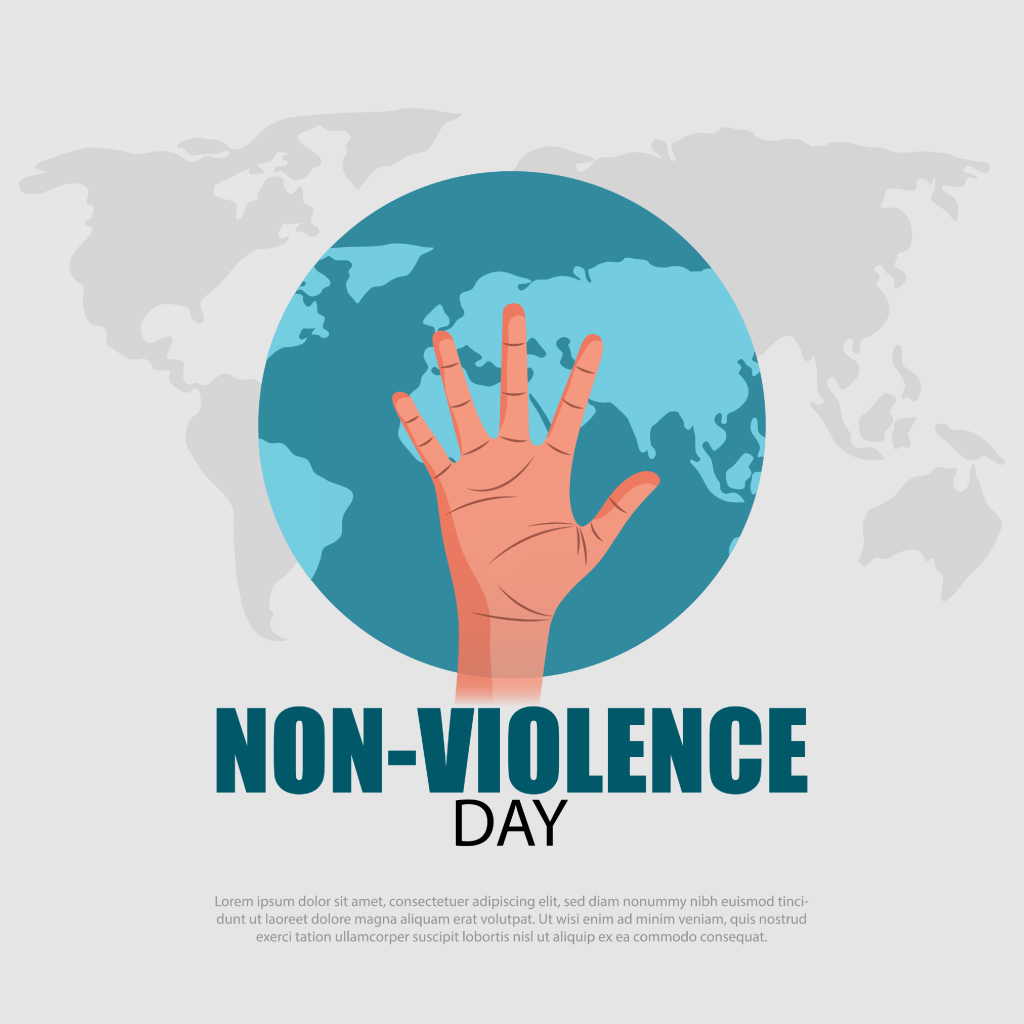 Image of a world map with a hand held high above the title, Non-violence Day