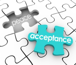 29496883 - acceptance word on a 3d blue puzzle piece and a hole with the word peace to illustrate the inner satisfaction and harmony you feel by admitting or accepting a shortcoming or fault