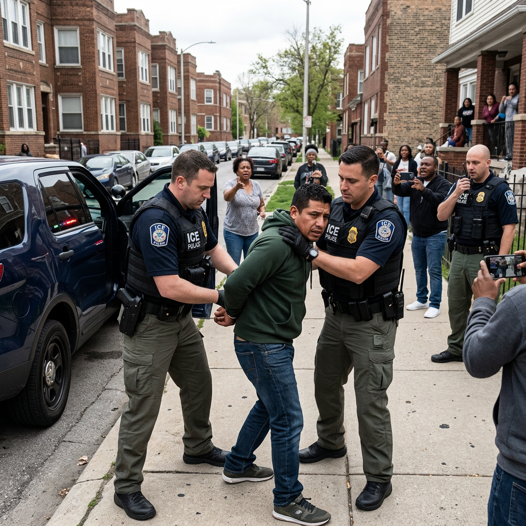 ICE officers arresting a man on a residential sidewalk with onlookers