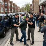 ICE officers arresting a man on a residential sidewalk with onlookers
